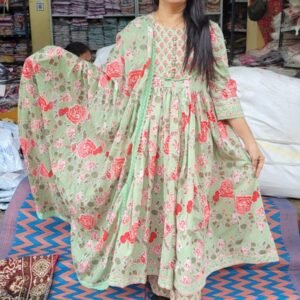 Pure cotton Anarkali pant kurti duppta set-Green